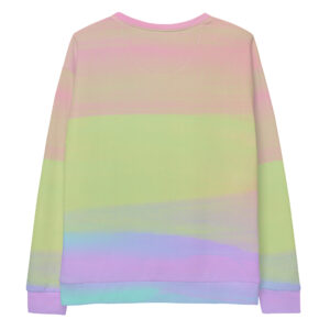 A pastel rainbow sweatshirt with black heart designs across the chest. Cozy and casual, perfect for sweet-themed fashion lovers.