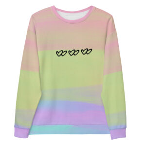 A pastel rainbow sweatshirt with black heart designs across the chest. Cozy and casual, perfect for sweet-themed fashion lovers