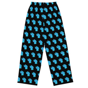 Furry monster-inspired pajama pants with blue and purple character print on a black background