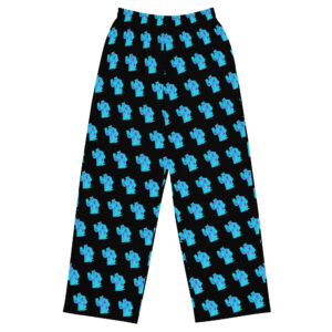 Furry monster-inspired pajama pants with blue and purple character print on a black background