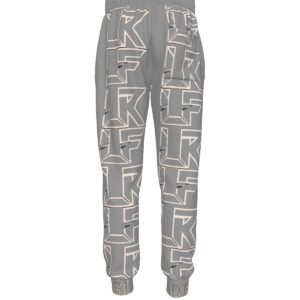 A pair of joggers featuring a grey base with bold 'Rebel' typography in white. The joggers include an elastic waistband, ankle cuffs, and a relaxed fit for a comfortable and stylish streetwear look