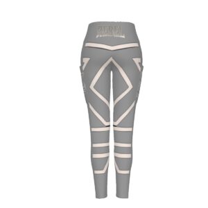 A pair of high-waisted leggings featuring a grey base with bold white geometric accents and 'Rebel' typography on the waistband. The leggings are designed with stretchy, breathable fabric for comfort and style.