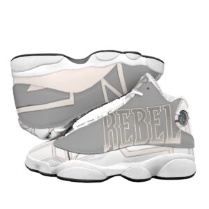 A pair of high-top sneakers featuring a sleek grey and white design with bold 'Rebel' text. The sneakers have cushioned soles, lace-up fronts, and a modern streetwear aesthetic, blending style and comfort effortlessly.