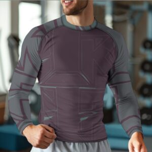 A long-sleeve compression shirt with a bold abstract design in burgundy and teal. Designed with breathable, moisture-wicking fabric and a snug fit, it’s perfect for athletic activities and stylish performance wear.