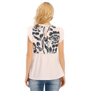 A navy floral top with a soft blush background, featuring delicate flutter sleeves and a peplum silhouette. The lightweight fabric and elegant design make it perfect for casual or semi-formal wear.