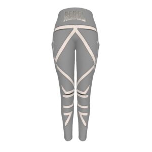 A pair of high-waisted leggings featuring a grey base with bold white geometric accents and 'Rebel' typography on the waistband. The leggings are designed with stretchy, breathable fabric for comfort and style.