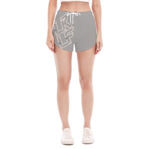 Lightweight running shorts featuring a grey base with bold white geometric accents. The shorts include an elastic waistband with an adjustable drawstring, offering a sleek and comfortable fit for athletic or casual wear.