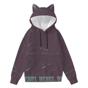 A hoodie featuring a bold abstract design in burgundy and teal, complete with 3D cat ears on the hood. The hoodie has a relaxed fit, adjustable drawstring, and soft fabric, blending playful details with edgy streetwear style.