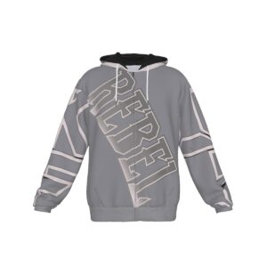 A zip-up hoodie featuring a grey base with bold 'Rebel' typography and white geometric accents. The hoodie includes a drawstring hood and long sleeves, blending modern streetwear style with comfortable design.