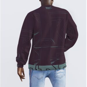 A crewneck sweatshirt featuring a bold abstract design in burgundy and teal. The sweatshirt has ribbed cuffs and hem, offering a relaxed yet tailored fit that combines comfort with modern streetwear style.