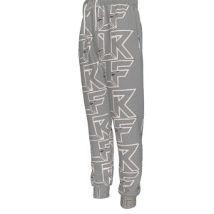 A pair of joggers featuring a grey base with bold 'Rebel' typography in white. The joggers include an elastic waistband, ankle cuffs, and a relaxed fit for a comfortable and stylish streetwear look