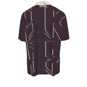 A short-sleeve polo shirt featuring a bold abstract design in burgundy and teal. The shirt includes a classic collar and button placket, blending timeless polo style with modern, edgy streetwear design.