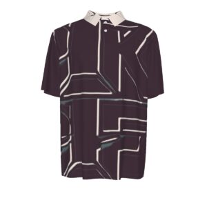 A short-sleeve polo shirt featuring a bold abstract design in burgundy and teal. The shirt includes a classic collar and button placket, blending timeless polo style with modern, edgy streetwear design.