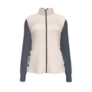 A zip-up jacket with a soft blush body, navy sleeves, and subtle floral detailing along the sides. The jacket has a tailored fit, full zip closure, and lightweight fabric, blending elegance with casual style