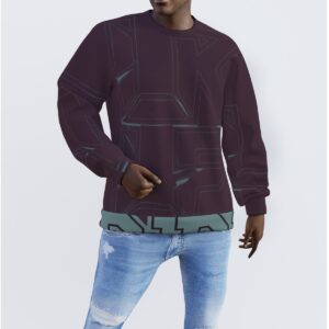 A crewneck sweatshirt featuring a bold abstract design in burgundy and teal. The sweatshirt has ribbed cuffs and hem, offering a relaxed yet tailored fit that combines comfort with modern streetwear style.