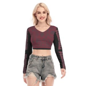 Rebel long-sleeve crop top in burgundy and black with script sleeve detailing, stylish and edgy design