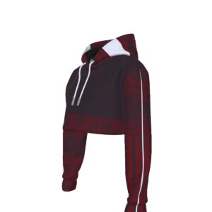 Sweetly Sinister cropped hoodie with dark paisley print, deep crimson and black tones, and drawstring hood