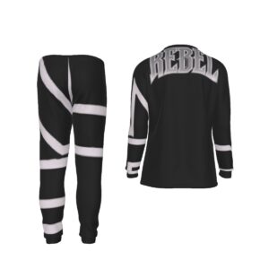 A monochrome matching set featuring a long-sleeve top with 'Rebel' typography and black and white joggers with bold geometric accents. Designed with breathable fabric for comfort and modern style.