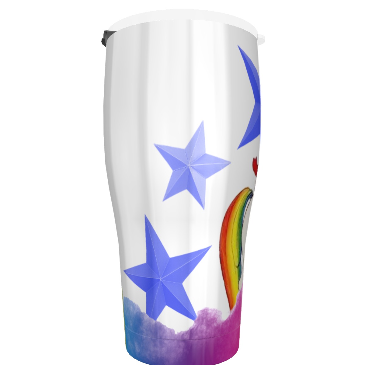 Rainbow Dream Rider 30oz Cone Tumbler featuring a whimsical unicorn and character design for hot or cold beverages.