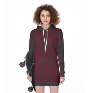 Sweetly Sinister hoodie dress with crimson and black dark paisley print, oversized fit, and kangaroo pocket.