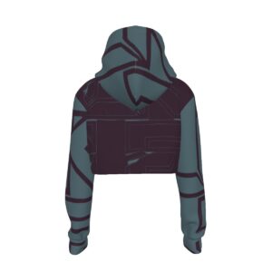 A stylish drop-shoulder crop hoodie with a bold geometric design in deep teal and black hues. The hoodie features a drawstring hood, rib-knit cuffs, and a cropped length that blends comfort with edgy streetwear vibes. Perfectly tailored with soft scuba fabric, this hoodie radiates confidence and rebellious energy, making it a standout piece for casual wear or making a bold statement.