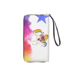 Rainbow Rider Long Wallet with a colorful unicorn and character design, featuring a zip closure and wrist strap.