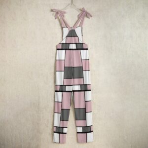 Geometric-patterned overalls in pink, white, and charcoal from the Gridline Dreams Collection. Adjustable tie straps and a lightweight fit for casual and stylish layering.