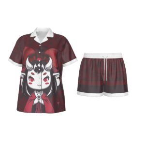 Sweetly Sinister lounge set featuring Demon Darling graphic print, crimson and black tones, button-up top, and drawstring shorts.