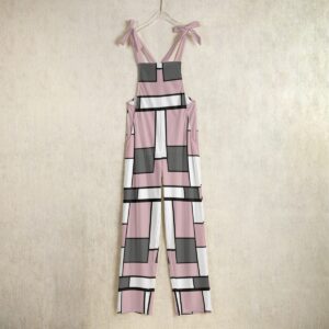 Geometric-patterned overalls in pink, white, and charcoal from the Gridline Dreams Collection. Adjustable tie straps and a lightweight fit for casual and stylish layering.