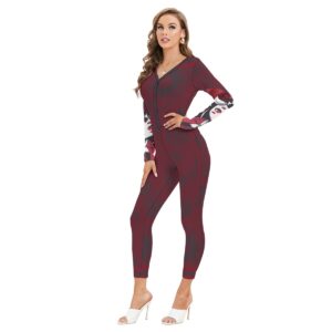 Sweetly Sinister plunging neck jumpsuit featuring Demon Darling sleeve graphics, body-hugging fit, and dark red tones."