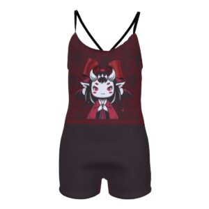 Sweetly Sinister Demon Darling romper with deep red tones, adjustable straps, and playful dark graphic.