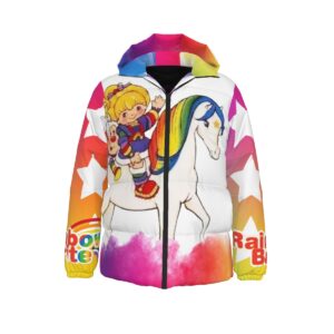 Rainbow Rider Puffer Jacket featuring a cheerful character and unicorn design with a colorful gradient background