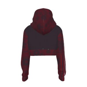 Sweetly Sinister cropped hoodie with dark paisley print, deep crimson and black tones, and drawstring hood