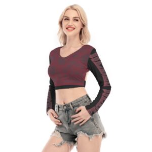 Rebel long-sleeve crop top in burgundy and black with script sleeve detailing, stylish and edgy design