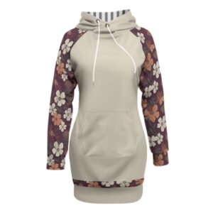 A hoodie dress from the Blooming Ember collection featuring a beige base with floral-patterned accents. Comfortable, versatile, and stylish for all seasons.