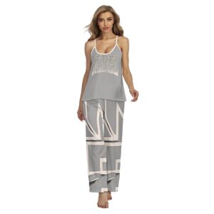 A two-piece lounge set featuring a relaxed-fit cami top with geometric detailing and matching wide-leg pants in grey with bold white accents. Made from lightweight fabric for ultimate comfort and style.