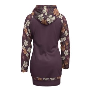 A plum-colored hoodie dress from the Blooming Ember collection, featuring floral-patterned sleeves and hem. Stylish, comfortable, and perfect for all seasons.