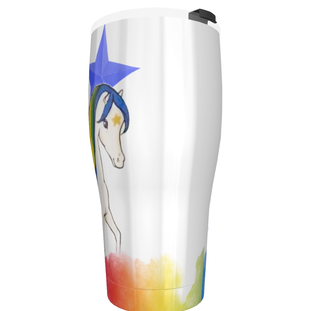 Rainbow Dream Rider 30oz Cone Tumbler featuring a whimsical unicorn and character design for hot or cold beverages.