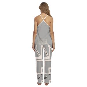 A two-piece lounge set featuring a relaxed-fit cami top with geometric detailing and matching wide-leg pants in grey with bold white accents. Made from lightweight fabric for ultimate comfort and style.