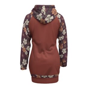 A rust-toned hoodie dress from the Blooming Ember collection, highlighted with floral-patterned sleeves and hem. A perfect blend of comfort and style for any occasion.