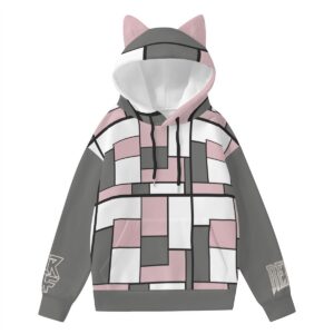 A hoodie featuring a geometric block design in pink, white, black, and gray. The hood includes adorable cat ears, and the sleeves feature bold graphic details, blending cute and edgy elements in a cozy, modern fit.