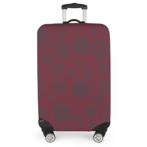 A crimson suitcase cover featuring a playful demon-inspired design with white horns, bat wings, and a red bow. The word 'REBEL' is printed at the top in bold text. The cover is stretchy and snug, protecting your suitcase from scratches and impacts while adding an edgy, stylish flair.