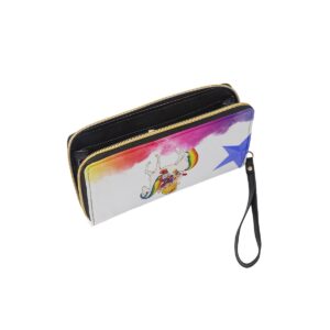 Rainbow Rider Long Wallet with a colorful unicorn and character design, featuring a zip closure and wrist strap.