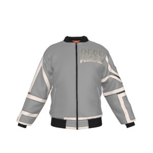 A bomber jacket with a grey base, bold white geometric accents, and oversized 'Rebel' typography. The jacket features ribbed cuffs and hem, a front zip closure, and a lightweight fabric design.