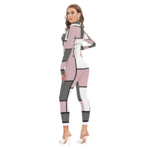 A long-sleeve geometric jumpsuit in pink, white, and charcoal tones from the Gridline Dreams Collection. Sleek, bold, and modern for all-day comfort and style.