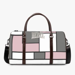 A chic duffel bag with a blush, white, and gray geometric design, featuring sturdy leather handles, an adjustable shoulder strap, and the bold 'REBEL' logo. Perfect for weekend getaways or gym trips, combining style and practicality in one must-have bag