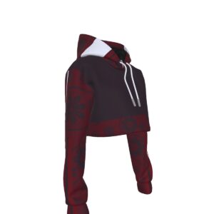 Sweetly Sinister cropped hoodie with dark paisley print, deep crimson and black tones, and drawstring hood