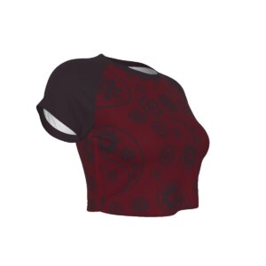 Sweetly Sinister paisley crop top with crimson and black all-over print design and raglan sleeves.