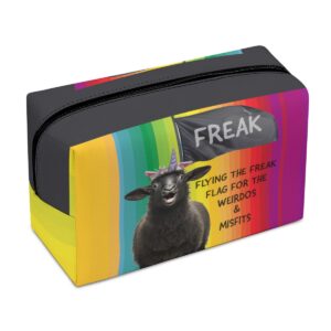 Freak Flag Rainbow PU Cosmetic Bag with vibrant rainbow gradient, quirky black sheep unicorn graphic, and empowering slogan.