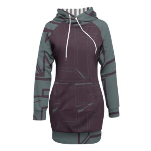 A bold and stylish hoodie dress with a geometric design in deep teal and plum. Featuring long raglan sleeves, a drawstring hood, and a flattering mid-thigh length, this piece blends comfort and edgy streetwear style. Perfect for layering or rocking solo for any casual occasion.